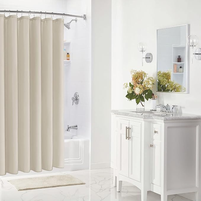 Gibelle Beige Fabric Shower Curtain or Liner, 72x72 Waterproof Shower Curtain Liner for Bathroom with Metal Grommets and 12 Plastic Hooks, Soft Cloth & Hotel Quality, Machine Washable