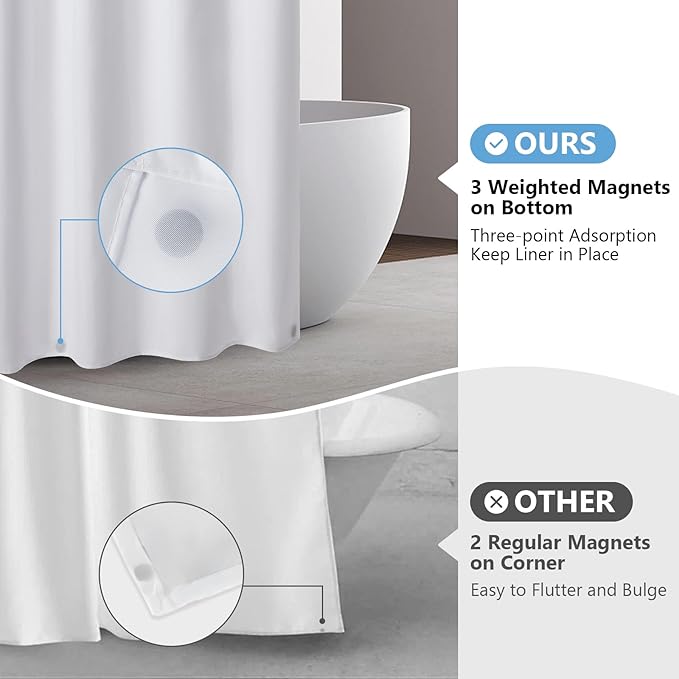 120GSM Ultimate Waterproof Fabric Shower Curtain Liner - TPU Lamination Technology with 3 Magnets,Machine Washable,71x76 Inch Soft Cloth Shower Curtain or Shower Liner,for Bathroom(White)