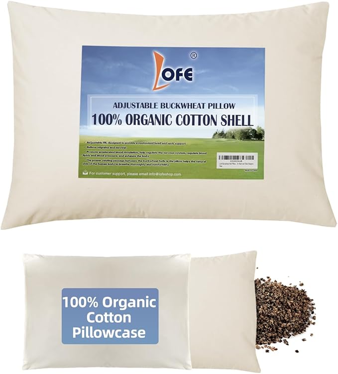 LOFE® Organic Buckwheat Pillow for Sleeping with Organic Cotton Pillowcase - 14x20'' Adjustable Pillow, Breathable for Cool Sleep, Cervical Support for Back and Side Sleepers(Tartary Buckwheat Hulls)