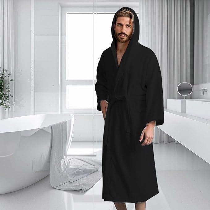 Men’s Hooded Bathrobe, 100% Cotton Terry Bathrobe, Spa Style Bath Robe, Absorbent Shower Robe, Lightweight Towel Bathrobes