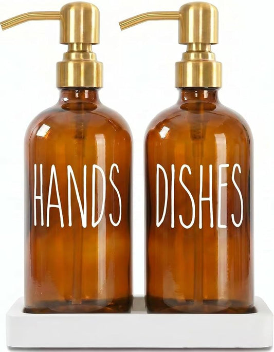 MOMEEMO Amber Glass Soap Dispenser Set, Dish and Hand Soap Dispenser Set with Ceramic Tray, Suitable for Kitchen Counter Decor. (Amber & Gold)