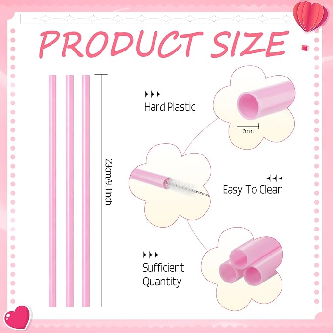 Honeydak 120 Pcs Reusable Hard Plastic Straws 9 Inch, Pink PP Drinking Straws Bulk for Iced Coffee Smoothies Cocktails Lemonade, Summer Patio BBQ Pool Party Supplies
