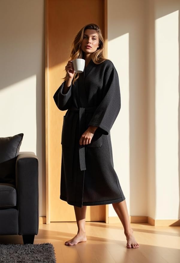 Turquaz Lightweight Waffle Knit Kimono Bathrobe - Soft Cotton Blend Spa Robe, Fast-Drying Full-Length Unisex Robes for Women