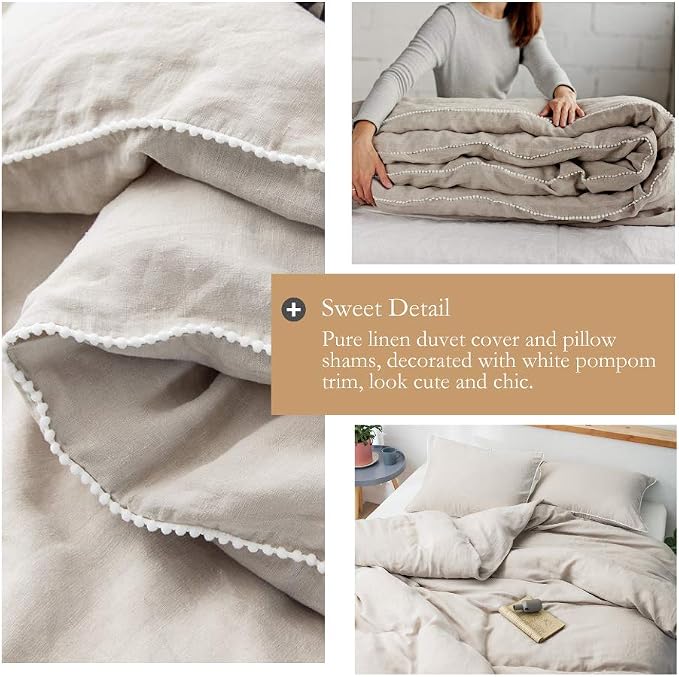 Simple&Opulence 100% Washed Linen Duvet Cover with Pom Pom Trim, Natural French Flax Bedding Set Soft Breathable,1 Farmhouse Boho Comforter Cover and 2 Pillow Shams(Queen,Natural Linen)