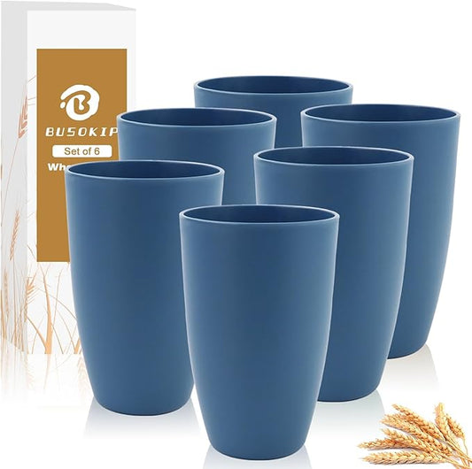 Wheat Straw Cups Large Drinking Cups Set of 6-20 OZ Large Capacity Plastic Tumblers Unbreakable Glasses Drinking Microwave and Dishwasher Safe Kitchen Water Glasses - Blue