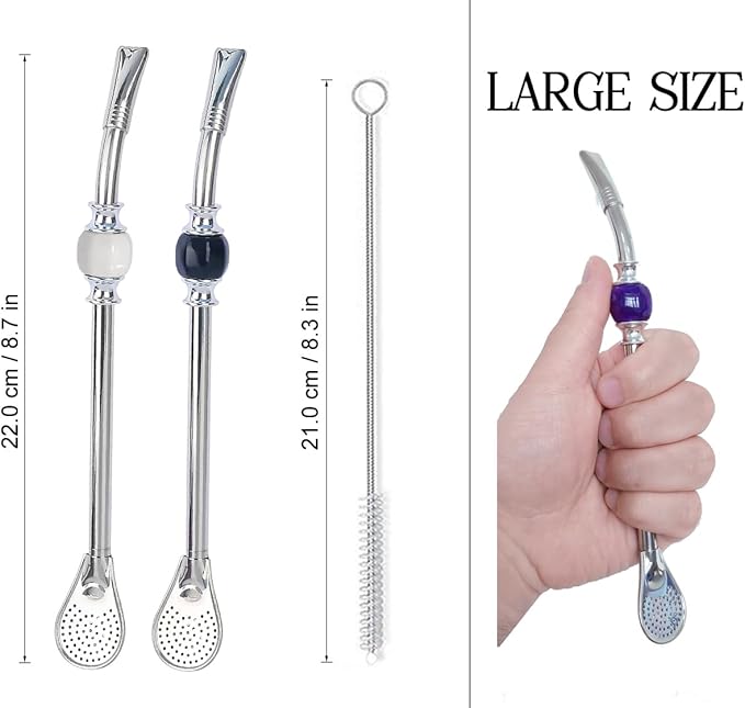 Premium Yerba Mate Straws - Reusable Stainless Steel Bombilla Straw with Colorful Beads - Set with Removable Head Filter (Black & White)