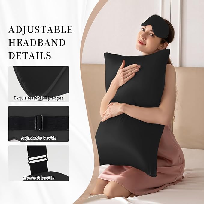 THXSILK 100% Pure 19 Momme Mulberry Silk Sleep Eye Mask Super Smooth Cooling Blackout for Women/Man/Kids Eye Cover with Wide Head Strap Good Night Sleep Comfortable Travel and Nap, Black