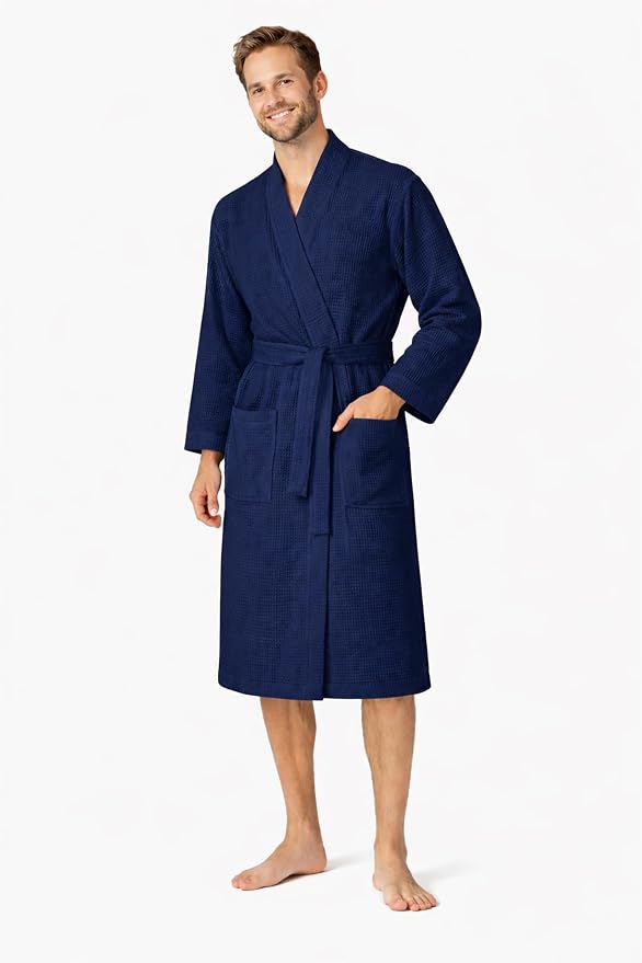 Turkish Linen Men’s Waffle Bathrobe Lightweight Kimono Spa Robe – Quick Dry Bath & Shower Robe for Men with Pockets