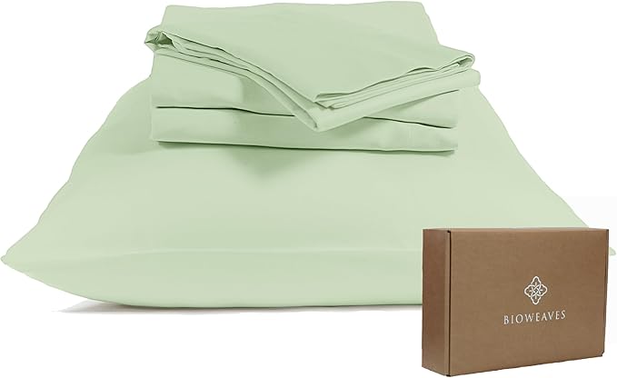 Bioweaves 100% Organic Cotton Sheets, 300 Thread Count 4-Piece GOTS Certified Bed Sheet Set Fits Mattress Upto 17" Deep Pocket, Soft & Silky Sateen Weave (Full, Pastel Green)
