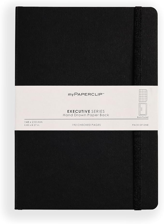 myPAPERCLIP Executive Series A5 Checks/Square Grid Notebook | 192 Pages, 80 GSM, Soft Cover, A5 (5.83 x 8.27 in) | Flat Lay | Bookmark, Elastic Closure & Back Pocket | Black