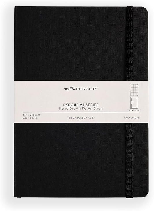 myPAPERCLIP Executive Series A5 Checks/Square Grid Notebook | 192 Pages, 80 GSM, Soft Cover, A5 (5.83 x 8.27 in) | Flat Lay | Bookmark, Elastic Closure & Back Pocket | Black