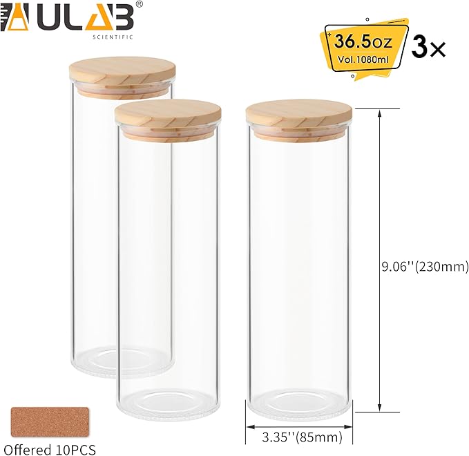 ULAB 3.5mm Thick Glass Food Container Set with Lid, 36.5 OZ Clear Storage Jar, Pack of 3, Glass Airtight Canisters set for Cookie, Candy, Coffee Beans, USJ1002