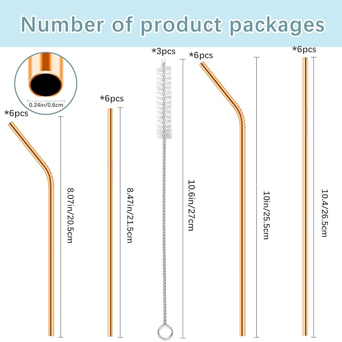 27 Pack metal straws reusable,12 Straight +12 Bent 3 Pcs Cleaning Brushes Included,stainless steel straws for 20oz and 30oz Tumblers Dishwasher Safe