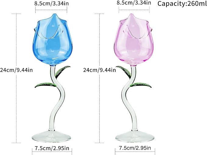Rose Wine Glass Set of 2 Stemmed Drinking Wine Goblet (260ml, Blue & Pink) | Cocktail Champagne Flutes Classy Red Wine Party Dinner Wedding Festival Kitchen Bar Celebration Birthday Gift Housewarming