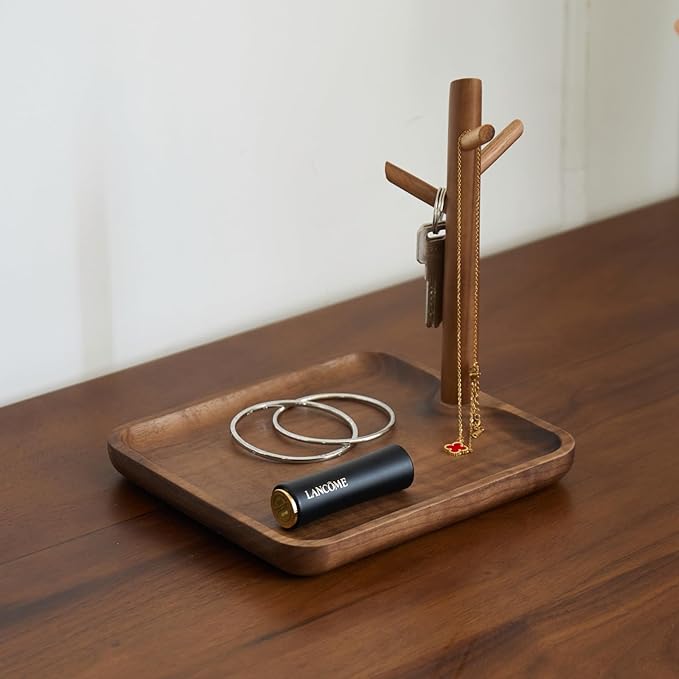 Black Walnut Solid Wood Key Dish Bowl for Entryway Table Square Tray With 3 Hooks, Open Storage for Keys, Wallet, Jewelry (Walnut, Square)