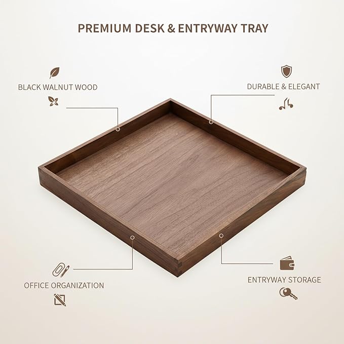 Solid Black Walnut Wood Desk Organizer Tray for Office, Entryway, and Home Storage