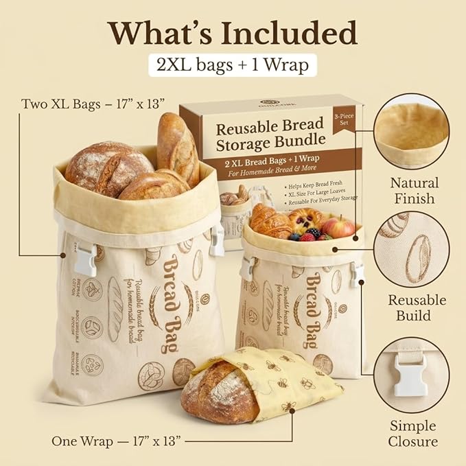 3 Pack Cotton Beeswax Bread Bags for Sourdough - 2XL Organic Reusable with Bees Wax Lining & Buckle Closure + 1 Beeswax Wrap, Wax Cloth Bread Bags & Freezer Safe, Eco-Friendly & Easy to Clean