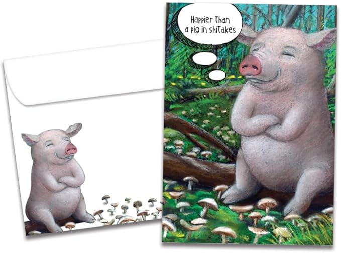 Tree-Free Greetings - Birthday Card - Artful Designs - 1 Card + Matching Envelope - Made in USA - 100% Recycled Paper - 5 x 7 - Pig in Shitakes (VO69631)
