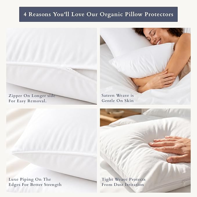 Makemake Organics Organic Pillow Protector (Set of 2) GOTS Certified Organic Cotton Pillow Cases Zippered Natural Breathable Safer Barrier Fits Queen Pillow (20x30, Bright White)