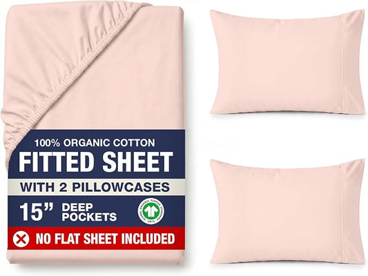 LANE LINEN 100% Organic Cotton Full Fitted Sheet & Pillowcases (No Flat Sheet) - Soft & Breathable Percale Weave Set - Hotel Quality Crispness - 15'' Deep Pocket - GOTS Certified - Sepia Rose