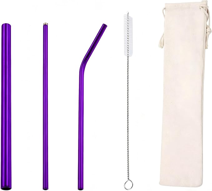 Food Grade 304 Stainless Steel Straw Set, Titanium Plated Colorful Reusable Metal Straws with Cleaning Brush for Coffee, Tea & Beverages (Mysterious Purple)