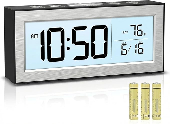 ORIA Battery Operated Digital Clock, Small Travel Alarm Clock with Auto Dimmer, Date, Temp & Week, Bedside Desk Clock with LCD Display for Bedroom, Office, Batteries Included