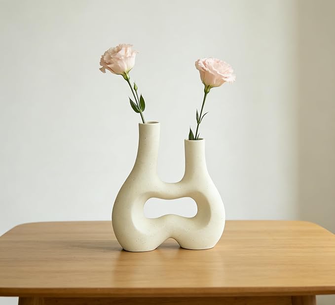 Modern Double Neck Hollow Vase, Minimalist Nordic Resin Sculpture for Home Decor, Boho Wabi-Sabi Vase for Living Room Bedroom Office Table Centerpiece (Ivory)