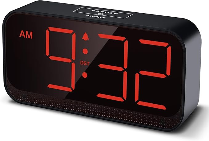 Acedeck Battery Operated Alarm Clock for Bedroom Travel: Cordless Compact Large Display Digital Clock with Auto Dimming - 4 Dimmers Easy to Use for Adults Seniors Red Digits