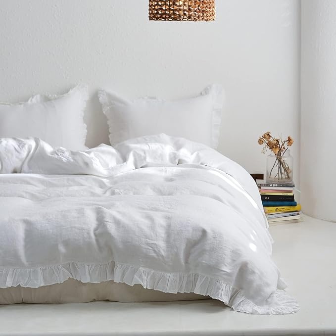 Simple&Opulence 100% Linen Euro Sham Covers with Ruffle, 2Pcs Pillow Covers 26x26 Inches, Euro Pillow Shams for Bed Couch French Home Decor Luxury and Breathable Square Pillow Cases, White