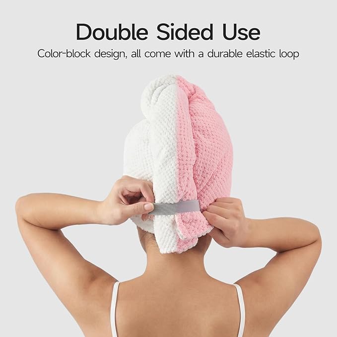 REDKISS Microfiber Hair Towel Wrap for Women, Double Sided Hair Towels with Elastic Strap, Super Absorbent Quick Dry Hair Drying Towel for Long, Thick, Curly Hair, Anti-Frizz Turban (Pink & White)