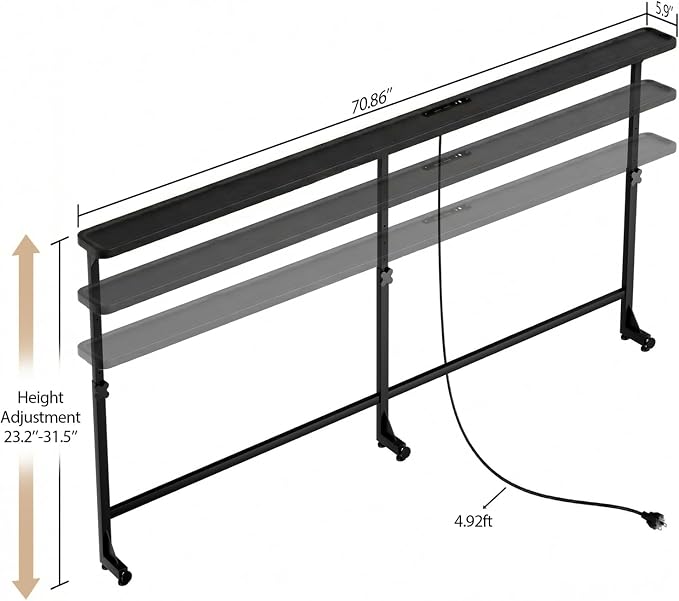 Faesun 70.9 Inch Vacuum Forming Behind Couch Table, 24"-32" Adjustable Height Range, Behind The Couch Table with Outlet, Adjustable Console Table, Narrow Long Sofa Table, for Living Room, Black