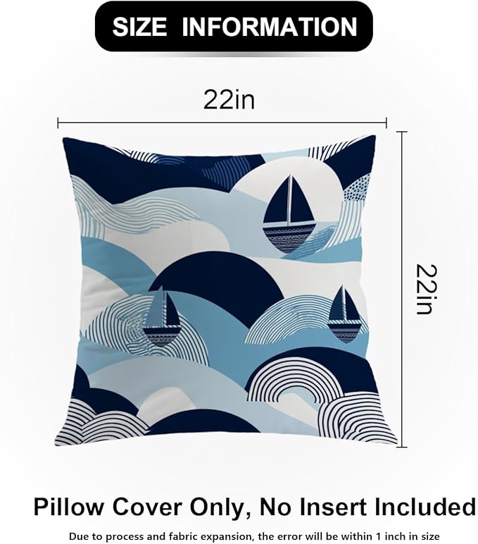 Shrahala Maritime Ocean Waves Decorative Throw Pillow Cover, Sailboat Coastal Vibes Square Pillowcase Blended Double-Sided No Inserts for Bedroom Living Room Set of 2 (22 X 22 in)