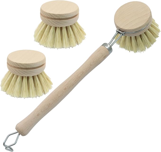 Murtenze Dish Brush with Wooden Handle, Sisal Bristles Brush with 2 Replacement Heads, Natural Wood Dish Scrubber for Washing and Cleaning Pots and Pans (Hook Type)
