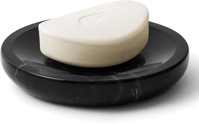 Marble Soap Dish Italy Natural Stone Sponge Holder for Bathroom Tub Shower Kitchen Sink, Handcraft Round Soap Case Organizer Trinket Plate Jewelry Tray Coaster for Home Decor Black (DL007)
