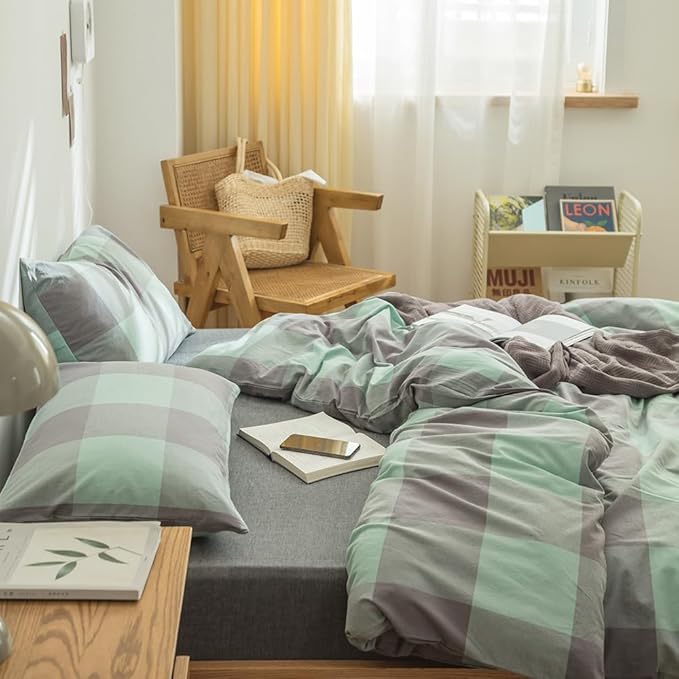 FACE TWO FACE Bedding Duvet Cover Set100% Washed Cotton Duvet Cover Linen Like Textured Breathable Durable Soft Comfy (Twin, Light Green Grid)