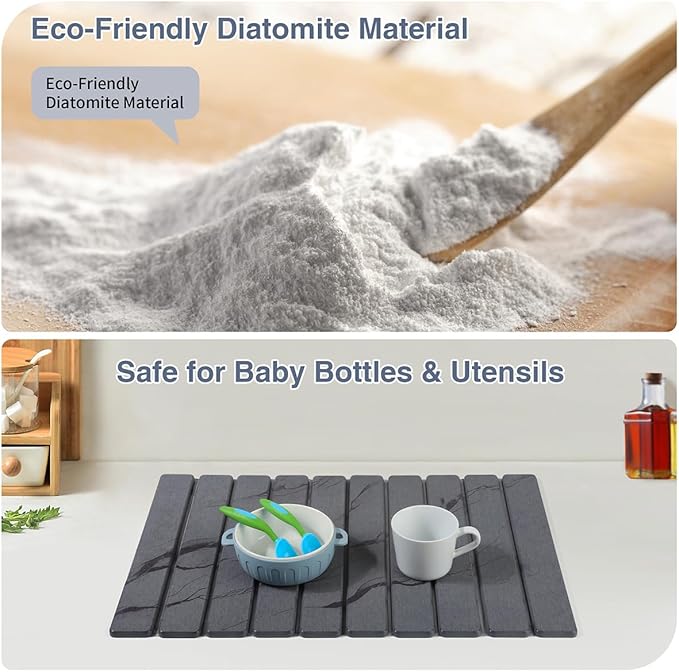 Large Diatomaceous Earth Dish Drying Mat, 24"x16" Stone Dish Drying Mats Kitchen | Ultra Fast-Absorbing, Foldable & Eco-Friendly Dishes Drying Pad for Kitchen Countertop, Cups, Utensils(Grey)