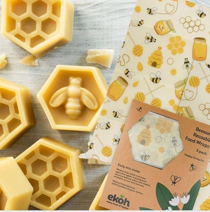 EKOH Reusable Beeswax Foodwraps (3 pk) Retro Bee Print - Bees Wax Wrap for Food - Eco Friendly Bee Wraps - Reusable Sandwich Wrap - Sustainable Organic Cotton Wraps (3 Honey Bee prints)