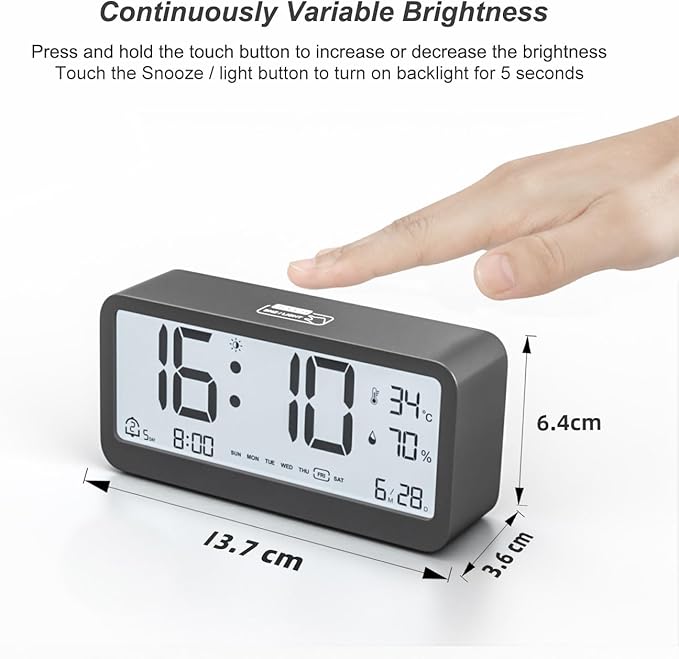 Digital Alarm Clock Battery Powered with Date | Indoor Temperature | Humidity | LCD Display | Dual Alarms | Snooze and Backlight Desk Small Clock (Black)
