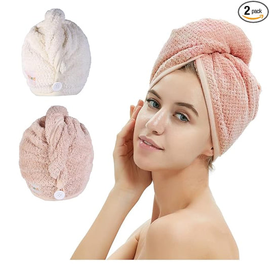 M-bestl 2 Pack Microfiber Hair Towel Wrap,Quick Dry,Anti-frizz(Pink&Beige) | Hair Drying Towel for Women with button,lightweight,Anti-frizz Absorbent hair Turban Towel for Long Thick Curly Hair