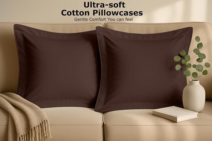 2 Pack Euro Pillow Shams 26x26 – 600 Thread Count 100% Organic Cotton Brown Square Pillow Covers with 2 Inch Flange, Soft & Smooth Premium Hotel-Quality Pillowcases Set of 2
