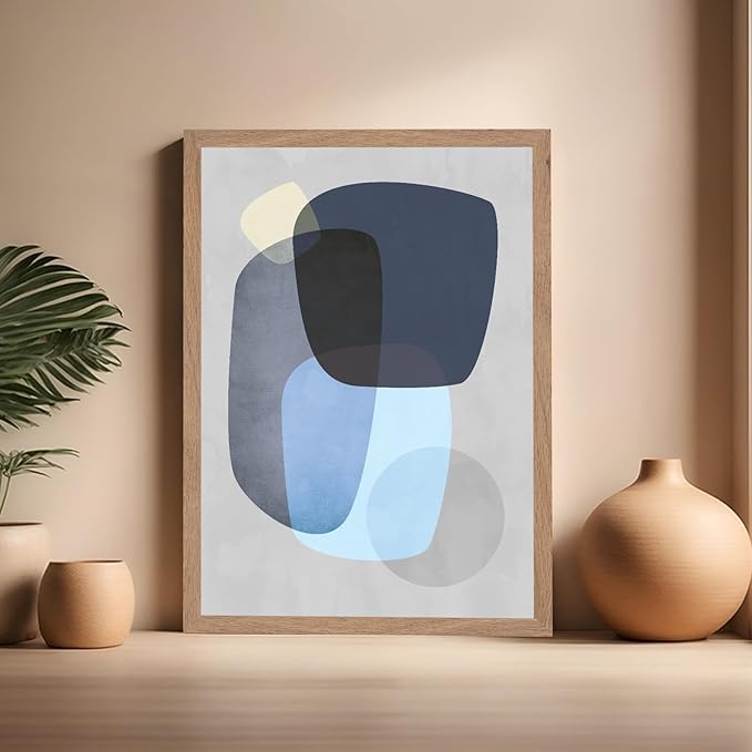 Monem Art Abstract Blue Shapes Print - Scandinavian Minimalist Art Poster - Wall Decor for Living Room, Bedroom or Office - 16x20 Beige Framed Wall Art by Mareike Bohmer