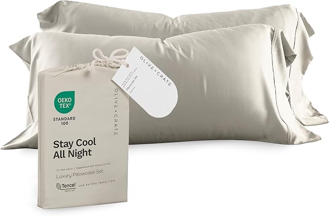 Olive + Crate Tencel Eucalyptus Pillowcases - 100% Tencel Lyocell Cooling Pillow Cases for Hot Sleepers - Hypoallergenic, Moisture-Wicking, Silk Alternative, Vegan - Queen Size Set of 2 - Beige