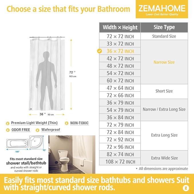 ZEMAHOME Narrow Size Clear Plastic Shower Curtain Liner, 36x72 Inch Thin Lightweight Transparent Plastic Bathroom Shower Showroom Inner Curtain with Rustproof Metal Grommet Holes and Weighted Magnets