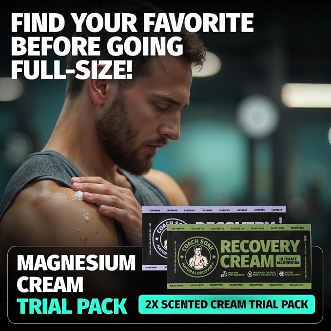 Coach Soak Magnesium Lotion Trial Pack - 0.04 lb (Pack of 2) | Eucalyptus & Lavender Scented Magnesium Chloride & MSM Cream for Athlete Recovery