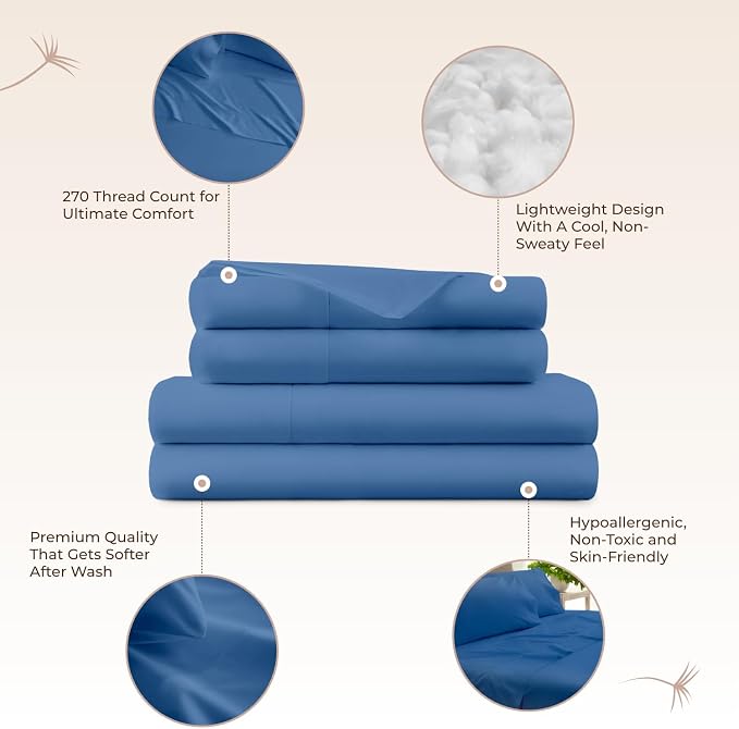 100% Organic Cotton Sheets King Size - GOTS Certified Cotton Percale Sheets with Crisp Cool & Breathable Percale Weave Perfect for Hot Sleepers - Durable Luxury 4 Piece Set (Blue, King)