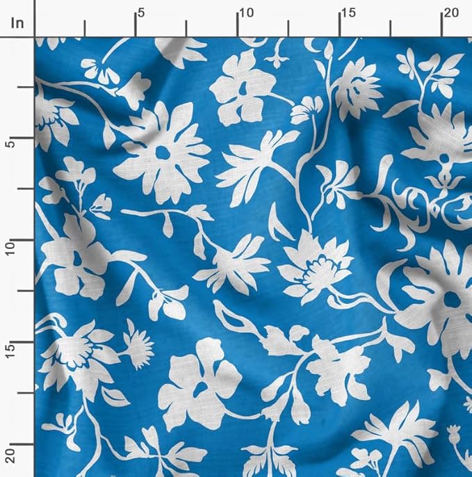 Soimoi Silky Satin Fabric Material, 1 Yard - 42" Inch Width, Blue - Floral Print - Soft Shiny Fabric for Dress, Pillowcases, Pajamas, Evening Dress, DIY