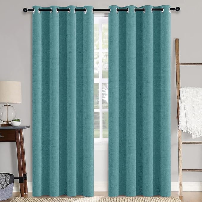 MIULEE 100% Blackout Linen Textured Curtains for Bedroom Solid Thermal Insulated Teal Grommet Room Darkening Curtains & Drapes Luxury Decor for Living Room 52 x 108 Inch (2 Panels)