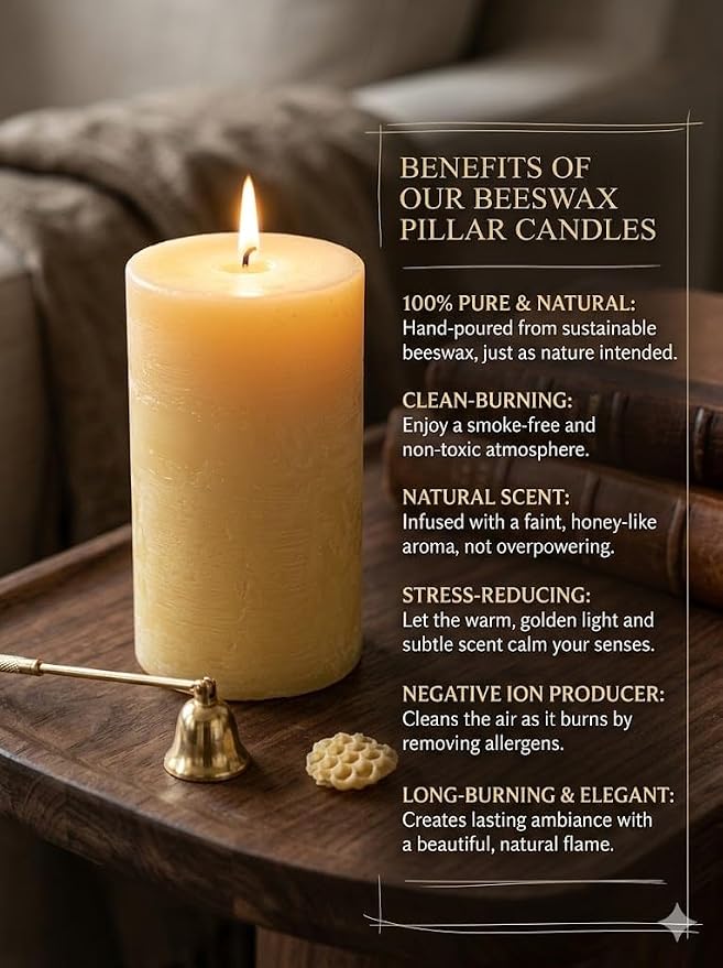 100% Pure Beeswax Pillar Candle – Non Toxic Candle, Clean Burning, Natural Honey Scent, Long Lasting Beeswax Candle for Home, Prayer, Meditation (Mini)