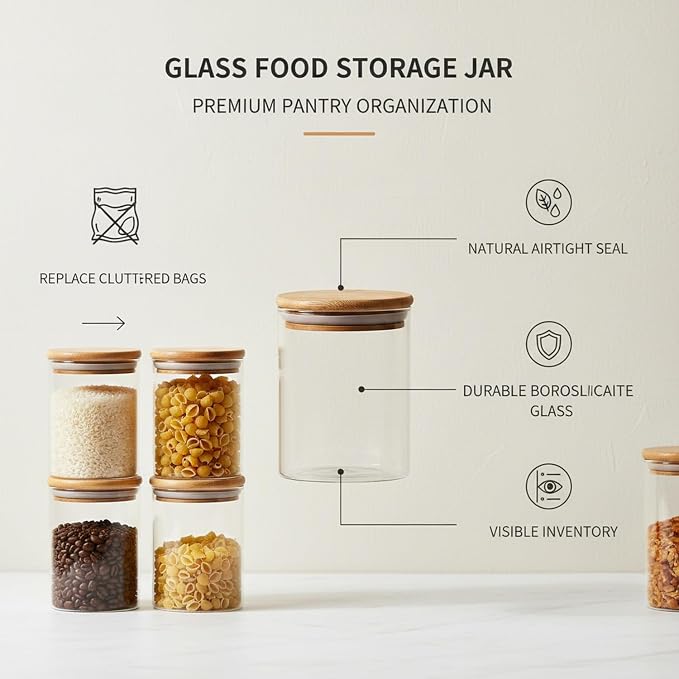 Borosilicate Glass Storage Jars with Bamboo Lids, Clear Kitchen Canisters for Pantry Organization of Dry Goods, Coffee, Tea, and Grains