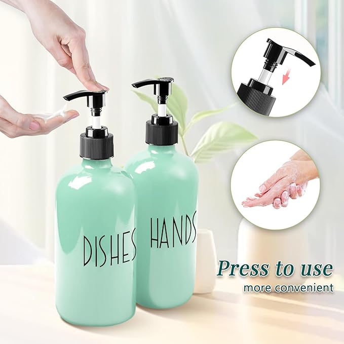 Dish Soap Dispenser for Kitchen - 16 OZ Glass Hand Soap Dispenser Set - Kitchen Bathroom Decor and Accessories (Turquoise Green)